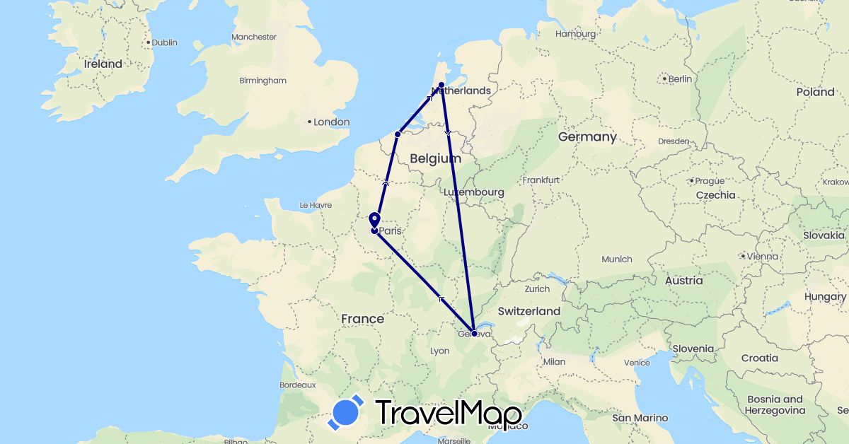 TravelMap itinerary: driving in Belgium, Switzerland, France, Netherlands (Europe)